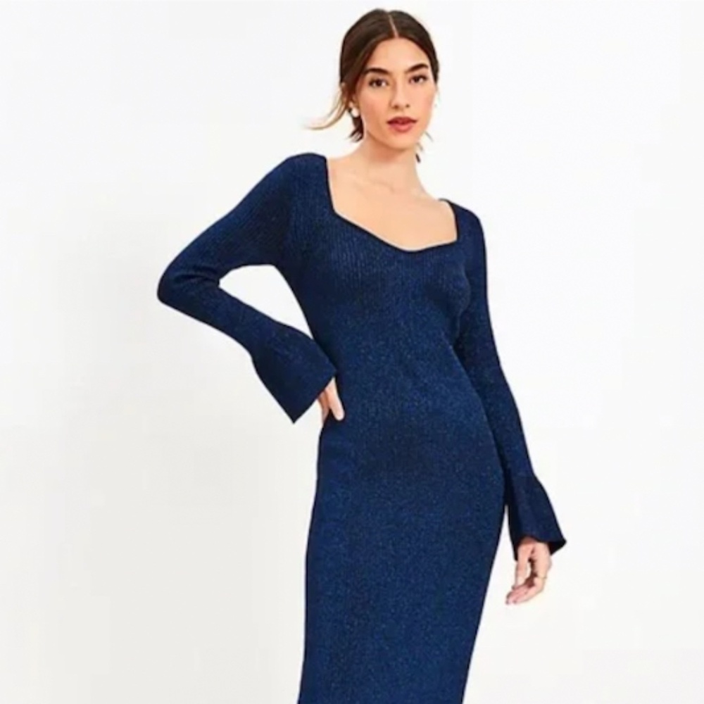 *NEW* The Loft Ribbed Trumpet Sleeve Midi Dress Metallic Blue Shine Size M
